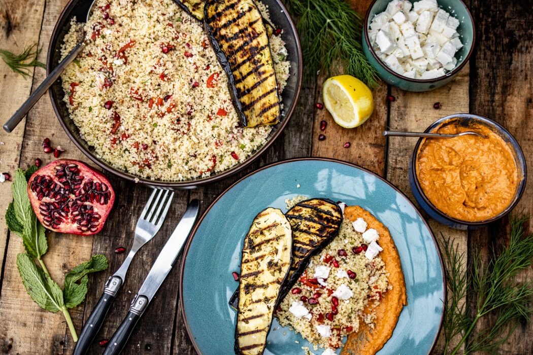 aubergine salade met humus