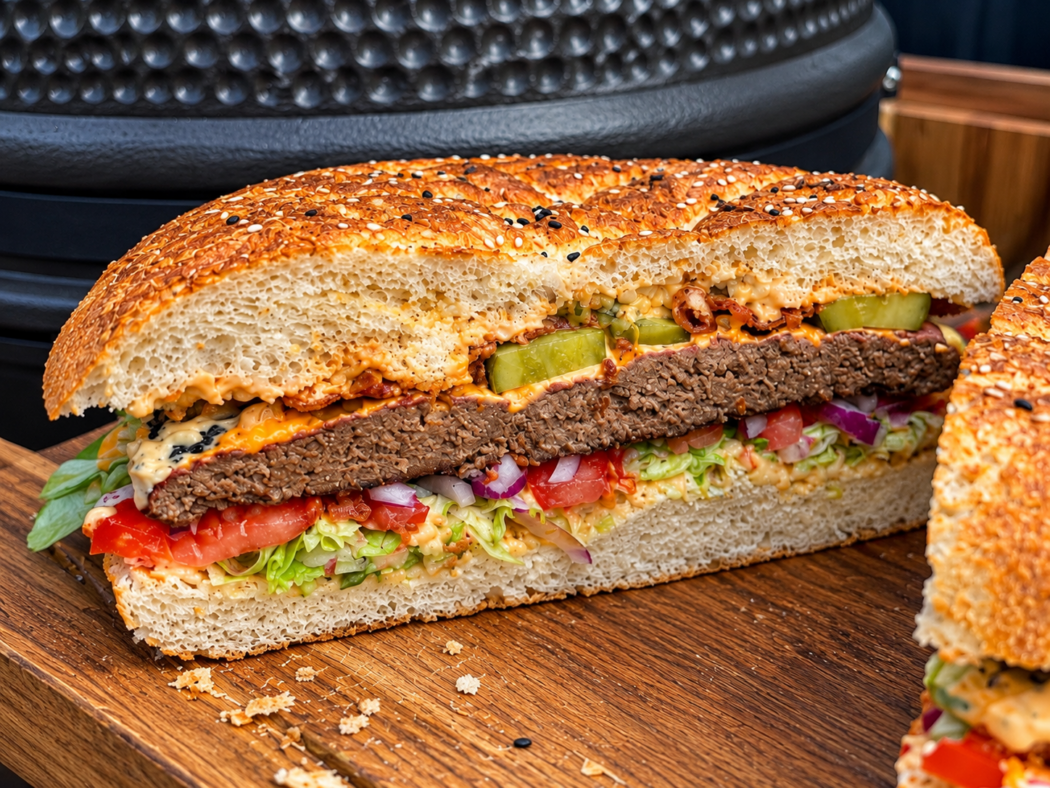 Mega Burger XXL van de kamado met cheddar, bacon en ei